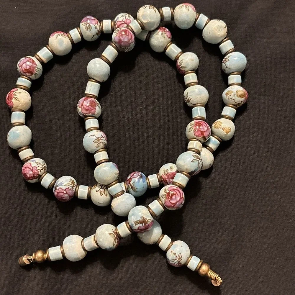 Vintage Hand Painted Porcelain Bead Necklace Turquoise Color Blue With Roses